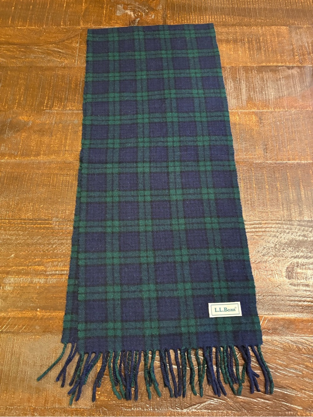 L.L. Bean Navy and Green Tartan Wool Scarf